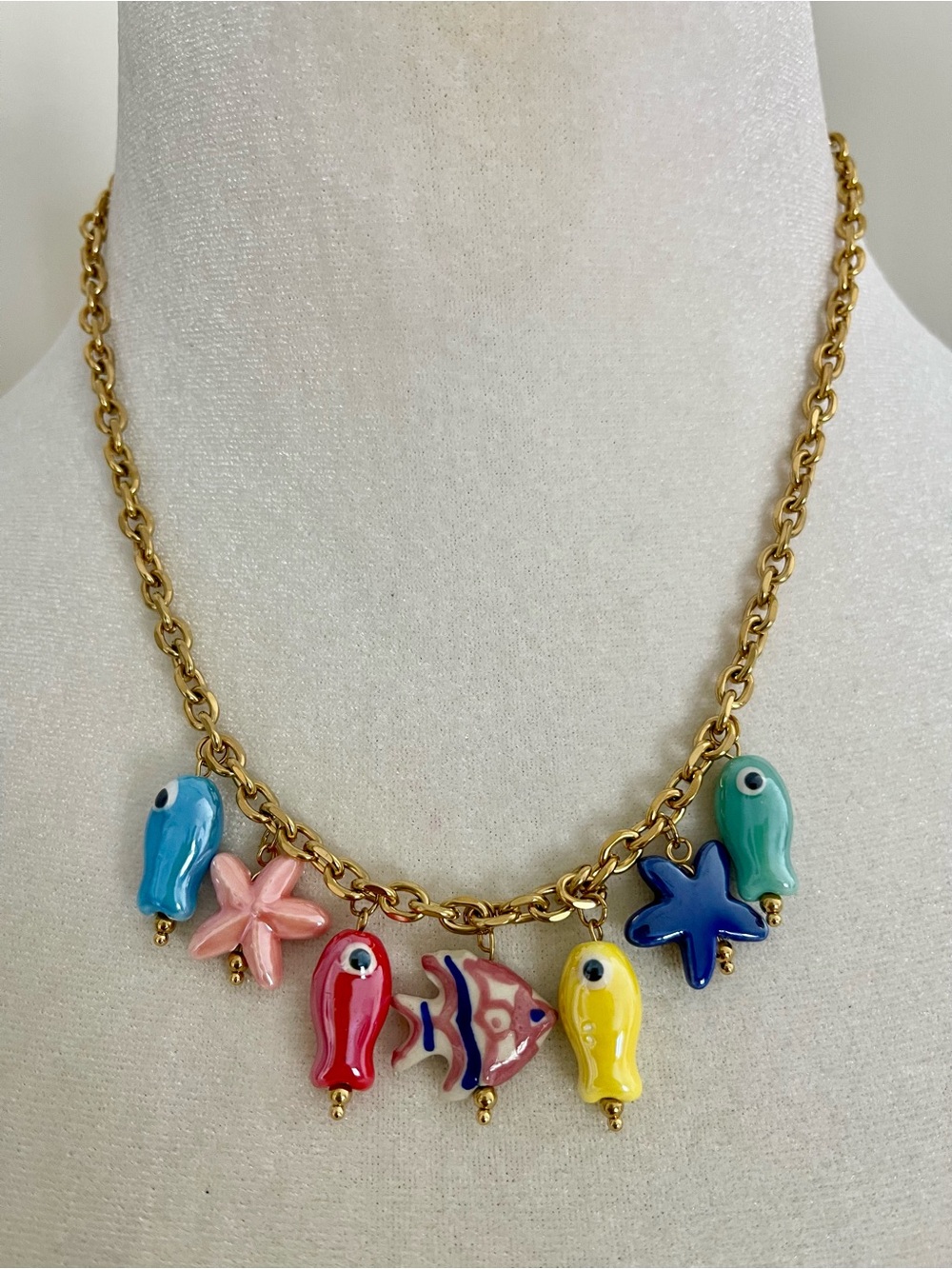 Colorful Fish & Star Charm Necklace - Gold Chain